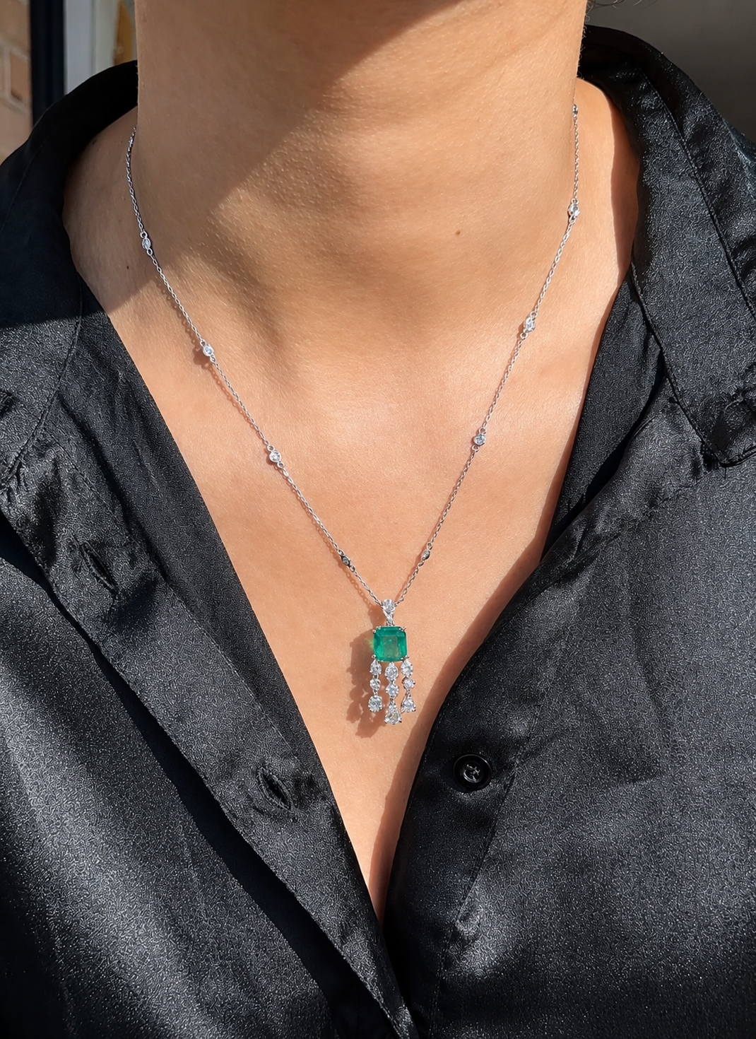 Green Emerald Cushion with Pear Dangling Diamond Pendant (ARJS4126)