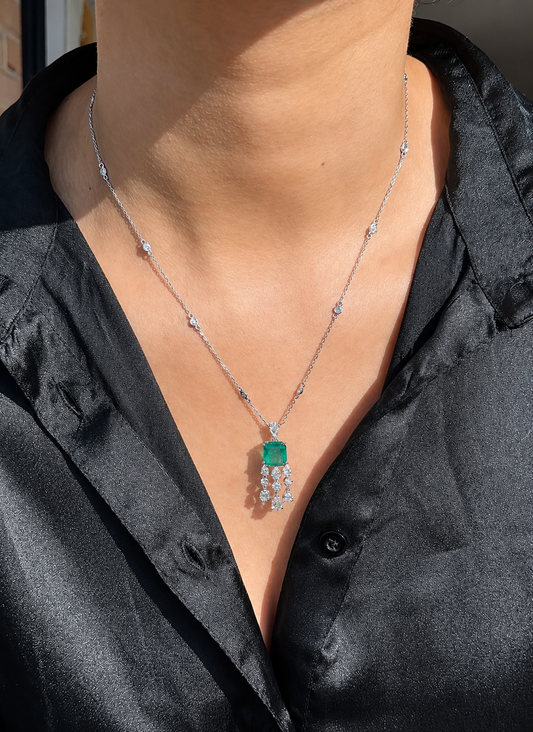 Green Emerald Cushion with Pear Dangling Diamond Pendant (ARJS4126)