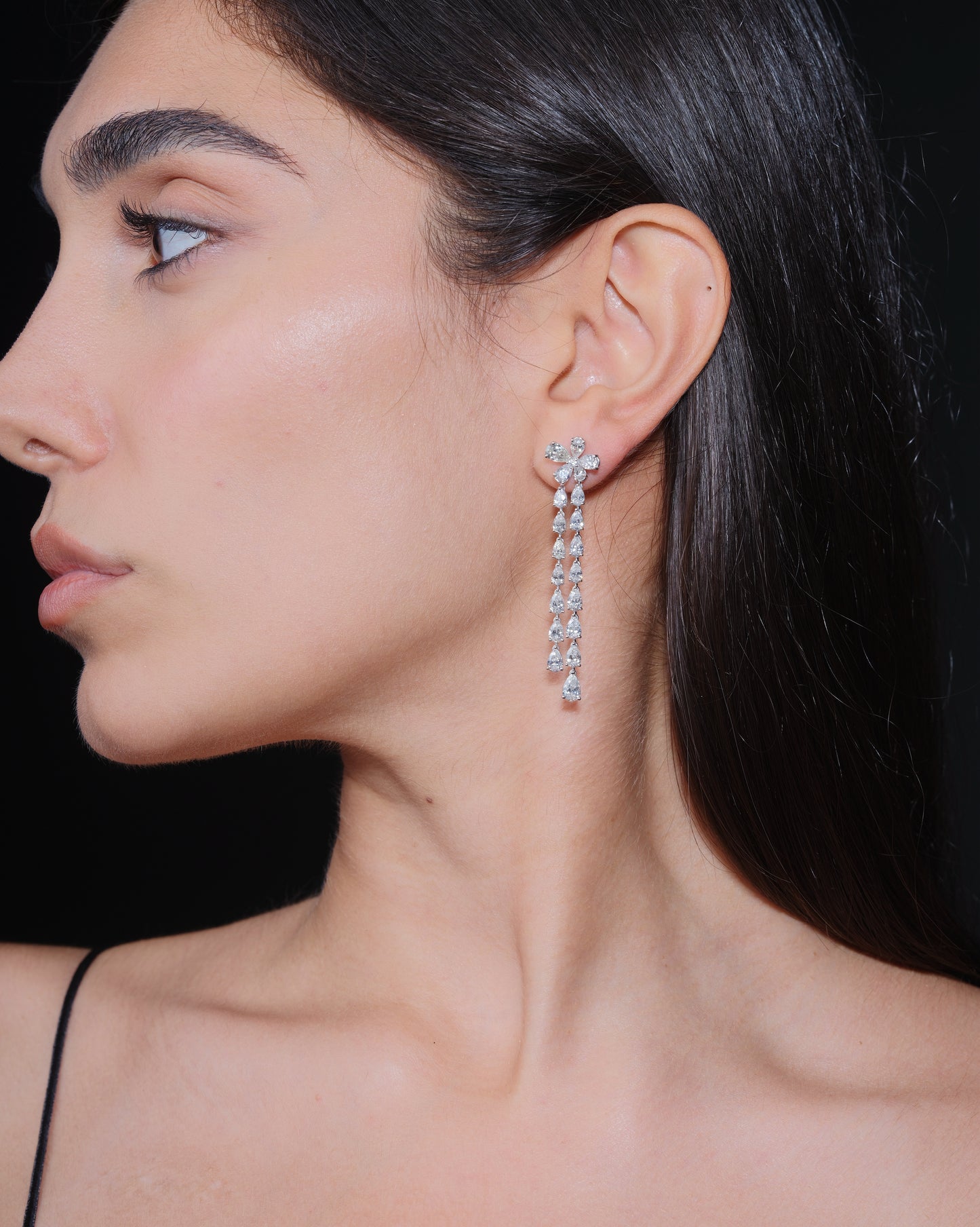 Pear Flower Design Dangling Diamond Earrings  (ARJS3431)