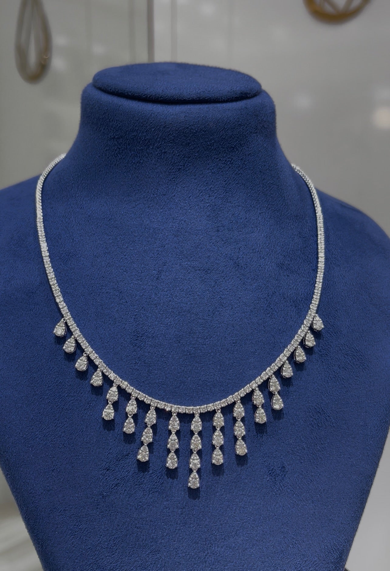 3PT Round with Pear Cluster Drop Diamond Necklace (ARJS3937)