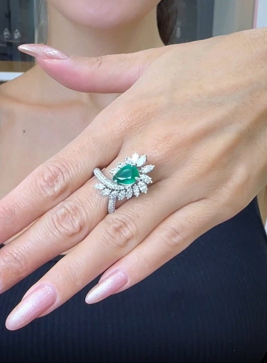 Pear Cut Green Emerald With Diamond Ring (ARJS2454)