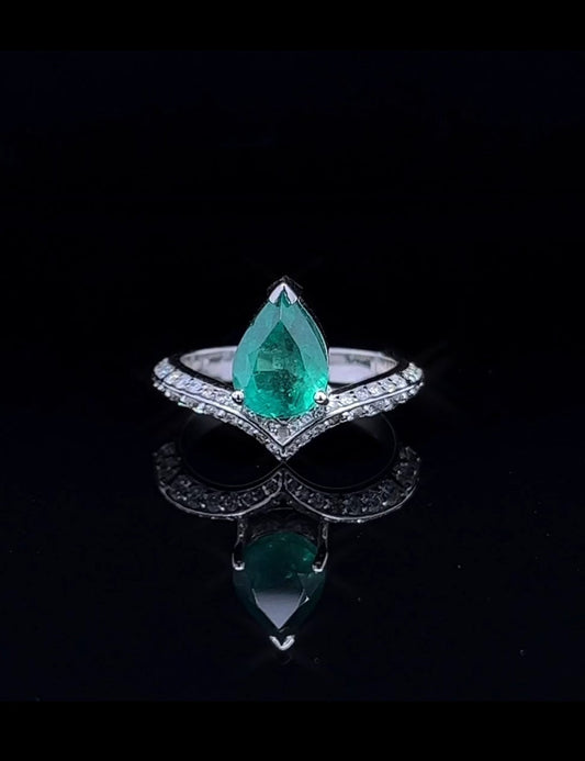 Pear Cut Emerald with Cluster Round Diamond Ring (ARJS2442)