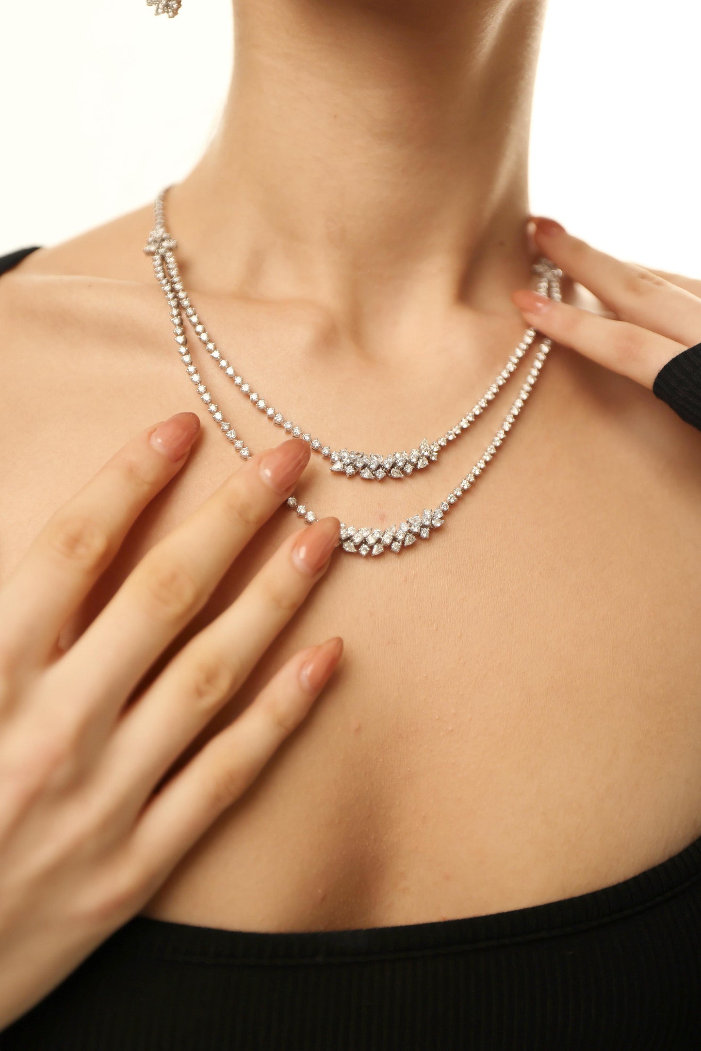 2 Line Pear & Round Layered Diamond Necklace (ARJS3018)