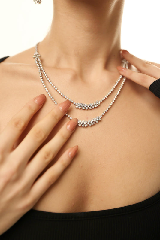 2 Line Pear & Round Layered Diamond Necklace (ARJS3018)