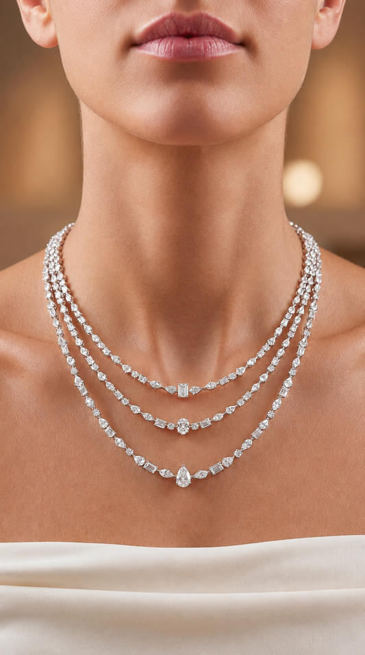 Pear , Emerald & Oval Layered Diamond Necklace (ARJS3591)
