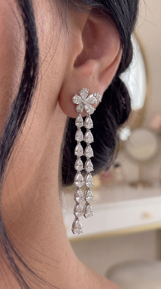 Pear Flower Design Dangling Diamond Earrings  (ARJS3431)