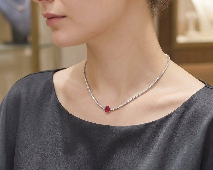 2.13 Ruby in Centre With 2 Pointer Tennis Necklace (ARJS3119)