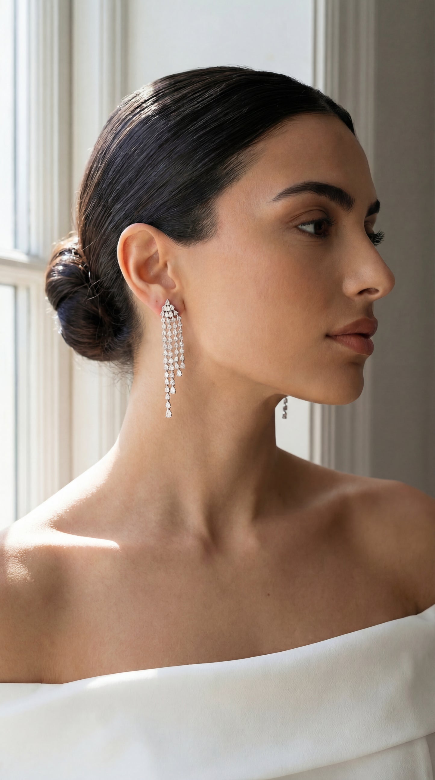 4 Line Pear Long Drop Diamond Earrings (ARJS3174)