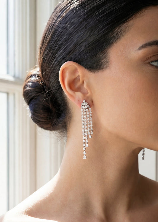 4 Line Pear Long Drop Diamond Earrings (ARJS3174)