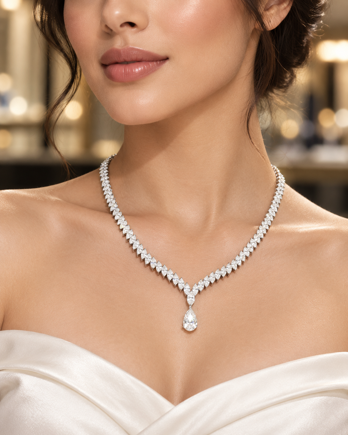 Elegant Marquise-Cut Diamond V-Shaped Necklace with 2 Carat Pear-Shaped Drop Necklace (ARJS4365)