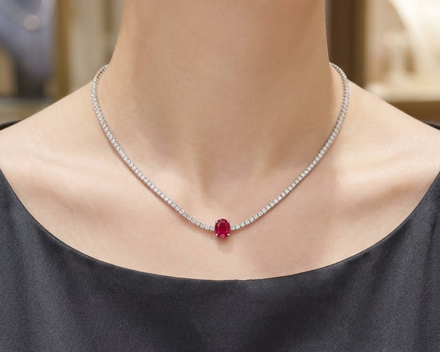2.13 Ruby in Centre With 2 Pointer Tennis Necklace (ARJS3119)