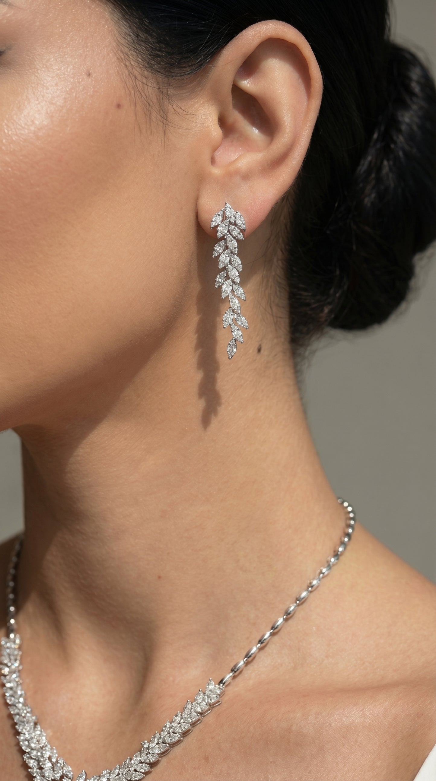 Leaf Design Cluster Dangling Diamond Earrings  (ARJS3703)