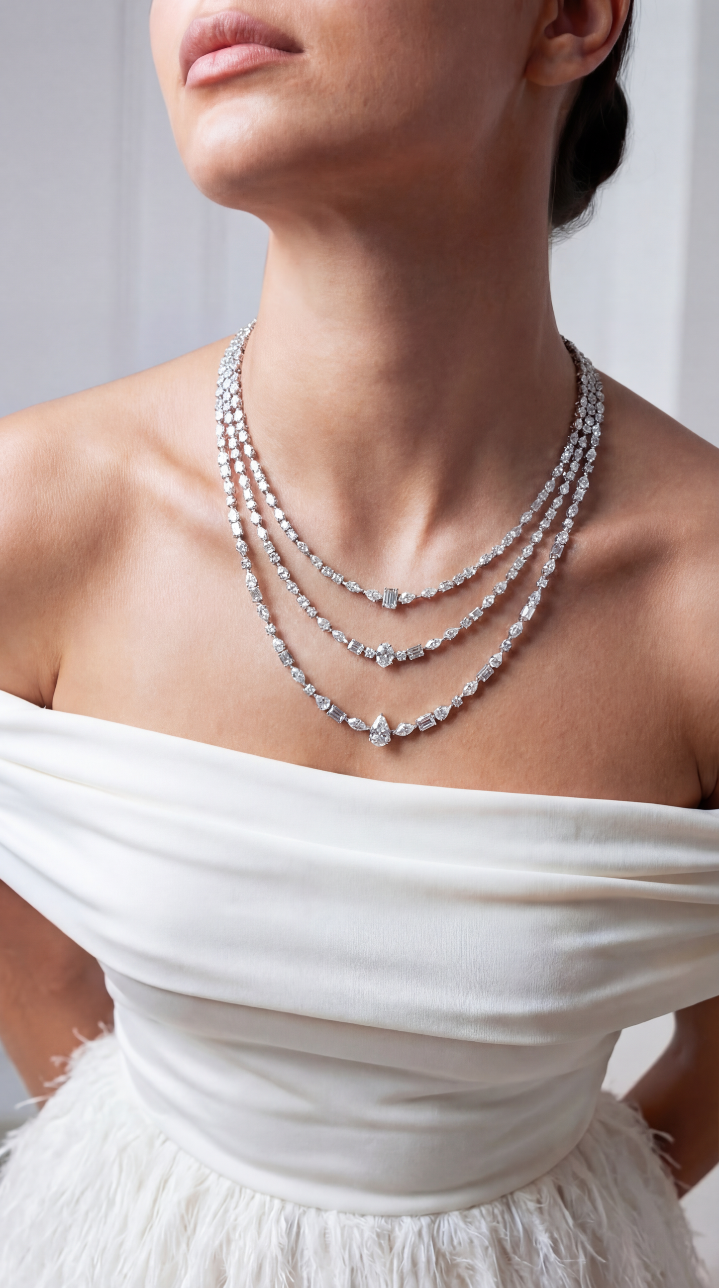 Pear , Emerald & Oval Layered Diamond Necklace (ARJS3591)