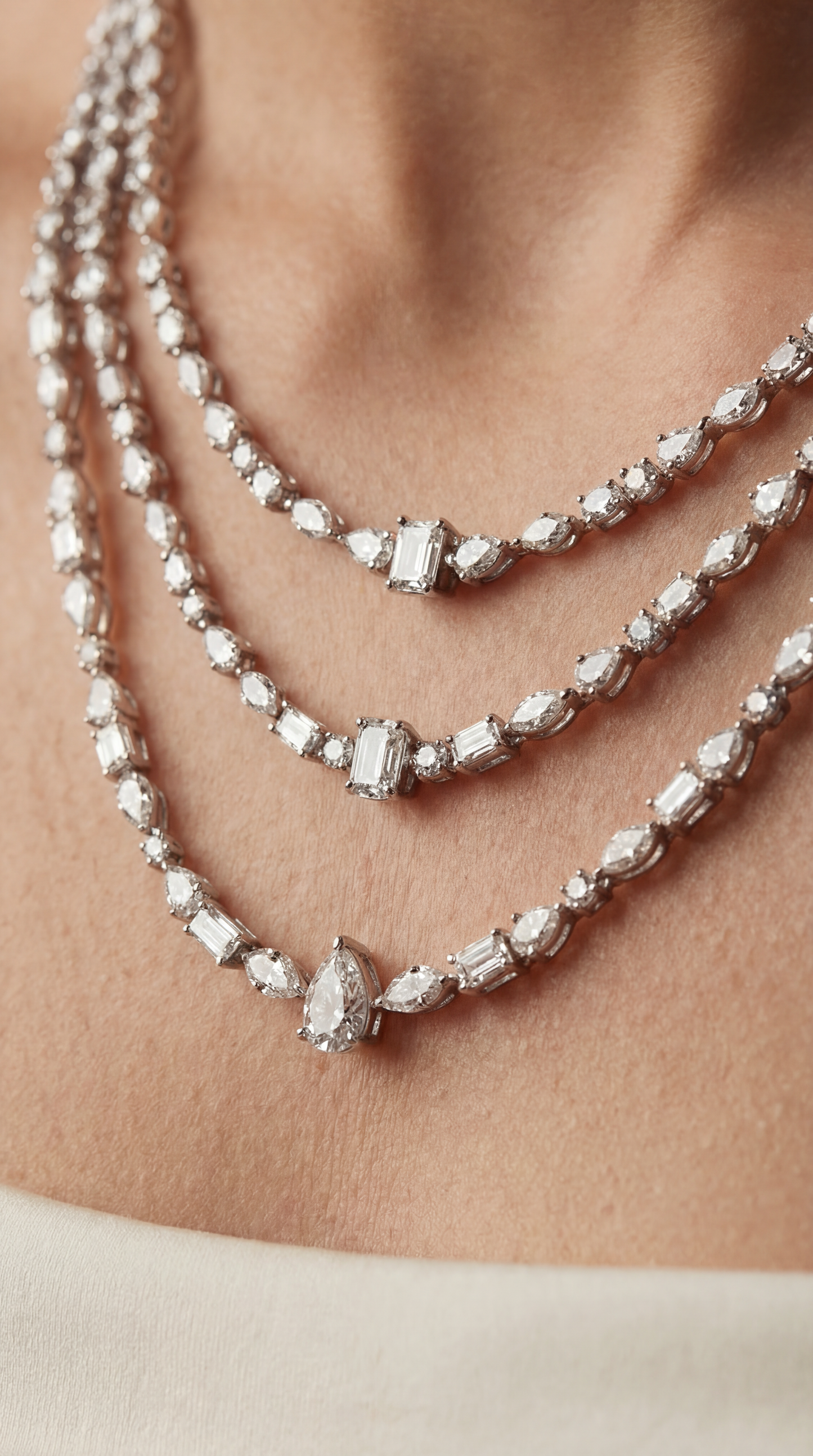 Pear , Emerald & Oval Layered Diamond Necklace (ARJS3591)