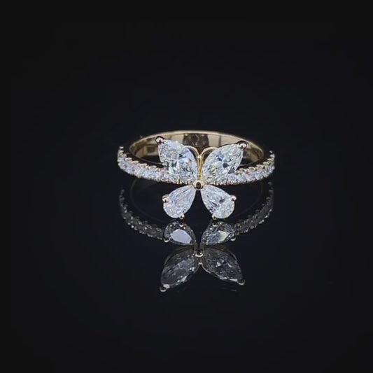 Pear Cut Butterfly Diamond Ring in Yellow Gold (ARJS2674)